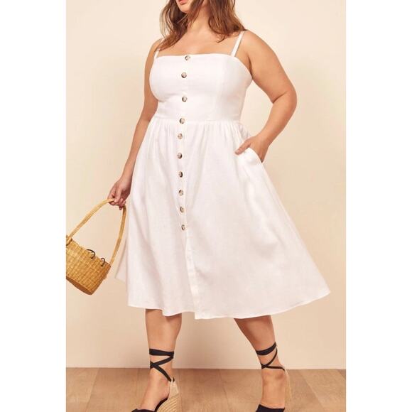 *NEW* REFORMATION Women’s 22W Sun Dress White Linen Button TORI Smocked Pockets - Picture 1 of 9